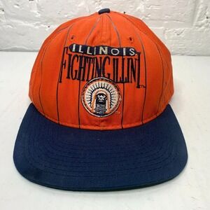 Vintage Illinois Fighting Illini Pin Striped Hat Cap Orange Blue Indian Cheif